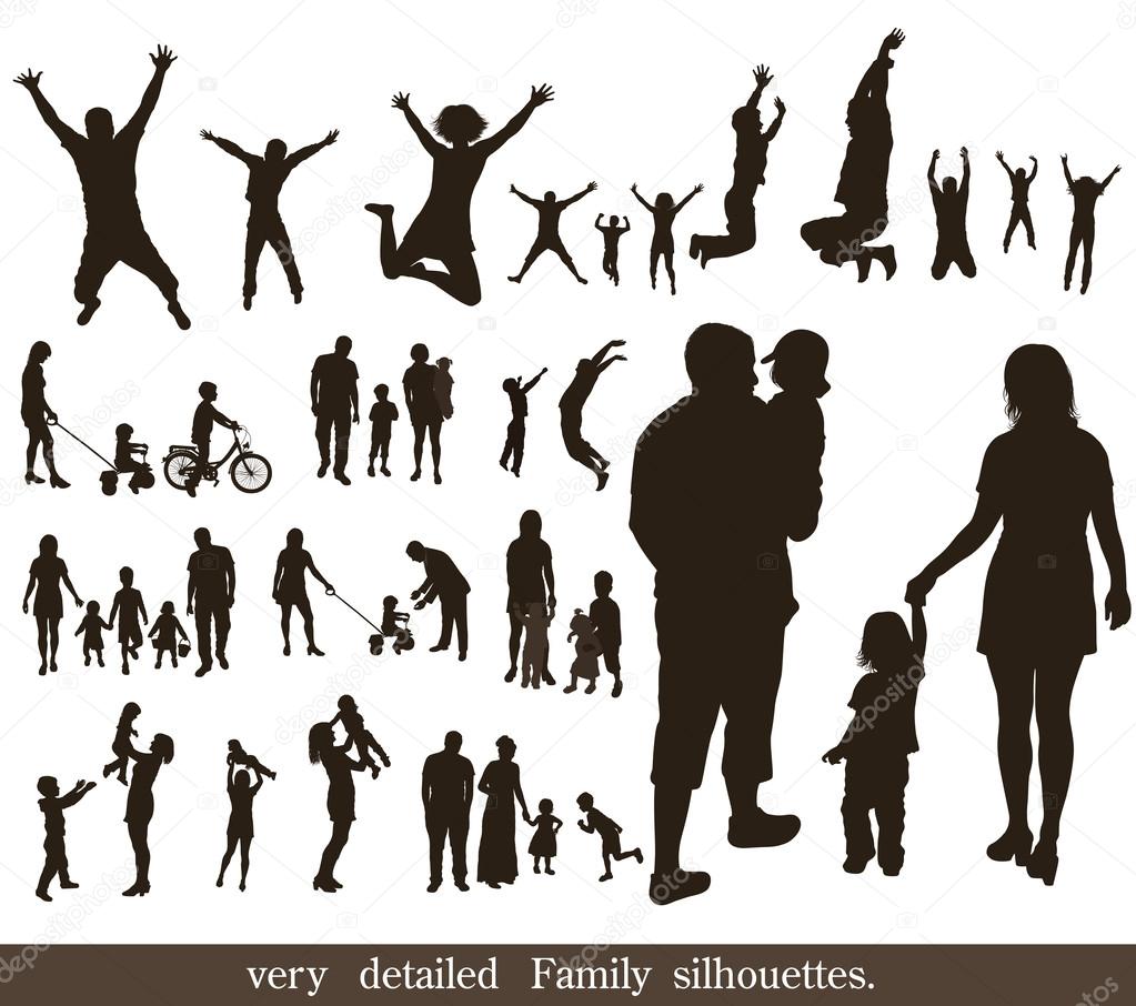 Set of very detailed family silhouettes. Jumping and walking.