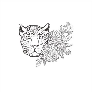 Egzotik çiçekli ve beyaz arka planda yaprakları olan bir leopar. Vahşi Hayvan Vektörü. Safari.