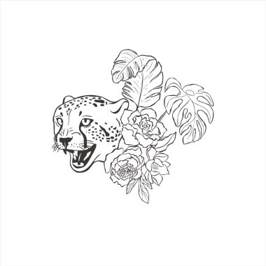 Beyaz arka planda gül çiçekleri olan bir çita. Vahşi Hayvan Vektörü. Safari.