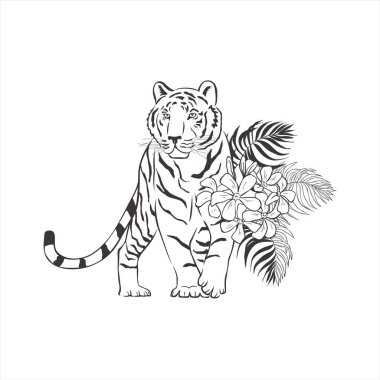 Beyaz arka planda çiçekli kaplan. Vahşi Hayvan Vektörü. Safari.