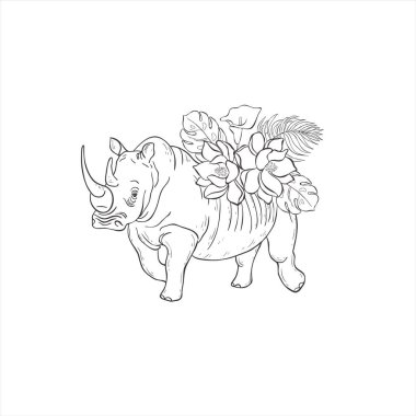 Beyaz arka planda manolya çiçekleri olan gergedanlar. Vahşi Hayvan Vektörü. Safari.