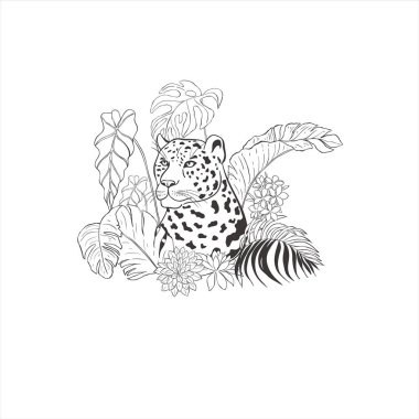 Egzotik çiçekli ve beyaz arka planda yaprakları olan bir leopar. Vahşi Hayvan Vektörü. Safari.