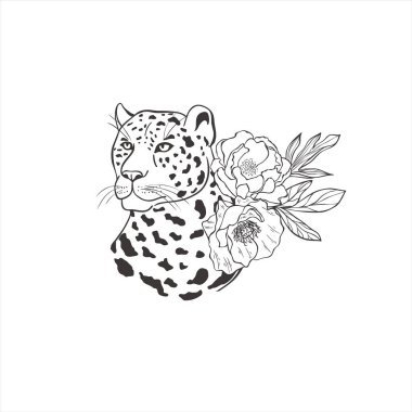 Egzotik çiçekli ve beyaz arka planda yaprakları olan bir leopar. Vahşi Hayvan Vektörü. Safari.