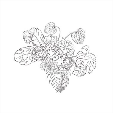Beyaz arka planda yaprakları ve çiçekleri olan tropik bir buket. Vektör.