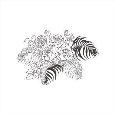 Gül çiçekli ve yapraklı tropik buket.