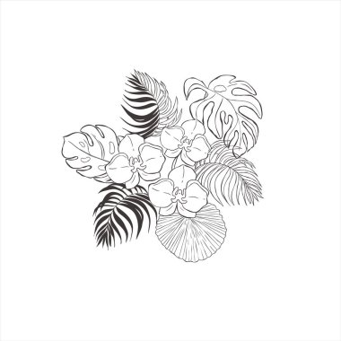 Orkide çiçekli ve yapraklı tropik bir buket..