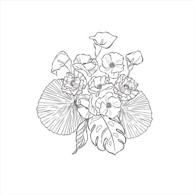 Kola, gelincik çiçeği ve yapraklı tropik bir buket..