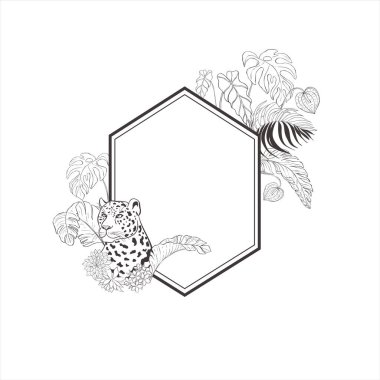 Leopar ve çiçekli tropikal çerçeveler.