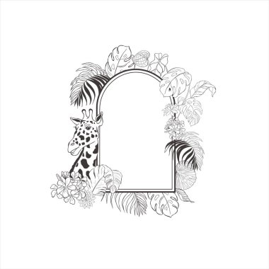 Zürafa ve çiçekli tropikal çerçeveler.