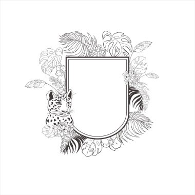 Oselot, çiçek ve yapraklı tropikal çerçeveler.