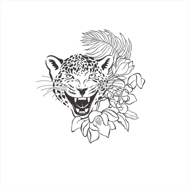Leopardo Com Flores Exóticas Folhas Fundo Branco Vector Animal Selvagem —  Vetores de Stock