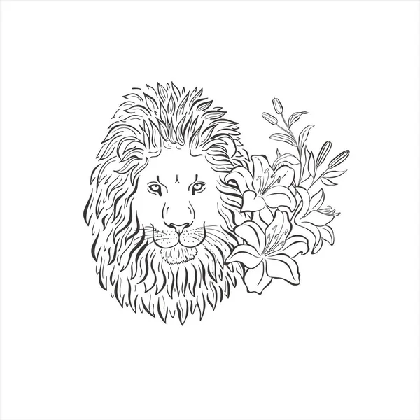 Lev Liliovými Květy Bílém Pozadí Vektorové Divoké Zvíře Safari — Stockový vektor