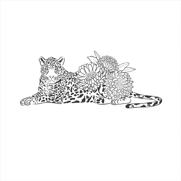 Leopard Mit Exotischen Blüten Und Blättern Auf Weißem Hintergrund Vektor — Stockvektor