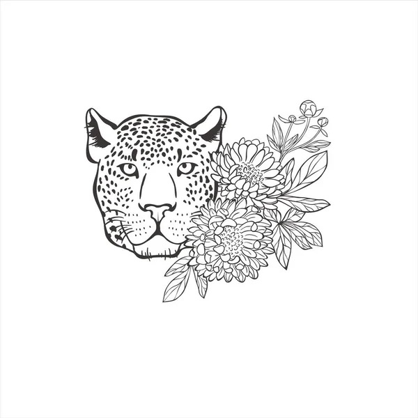 Leopárd Egzotikus Virágokkal Fehér Hátterű Levelekkel Vadállat Vektor Szafari — Stock Vector