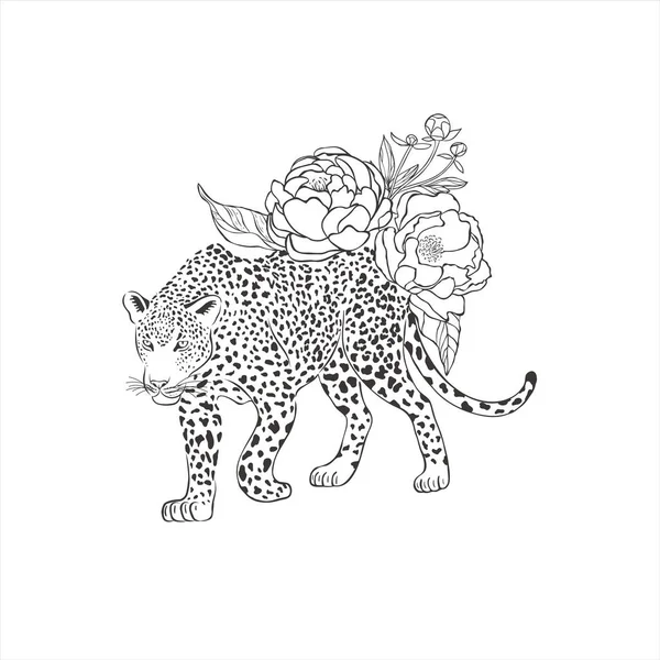 Egzotik çiçekli ve beyaz arka planda yaprakları olan bir leopar. Vahşi Hayvan Vektörü. Safari.