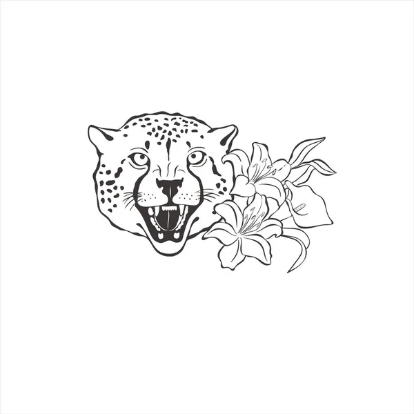 白い背景にユリの花とチーター 獣獣獣 サファリ — ストックベクタ