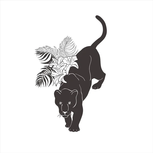白い背景にユリの花を持つパンサー 獣獣獣 サファリ — ストックベクタ