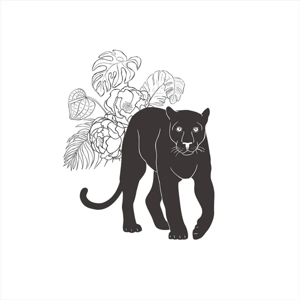 Pantera Com Flores Sobre Fundo Branco Vector Animal Selvagem Safari —  Vetores de Stock