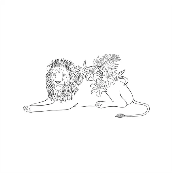 Lion Avec Des Fleurs Lis Sur Fond Blanc Vector Wild — Image vectorielle