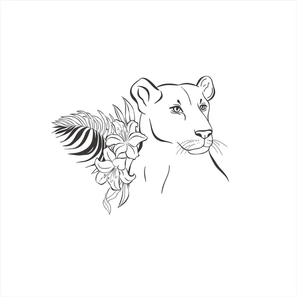 白い背景にユリの花と雌ライオン ベクトル — ストックベクタ