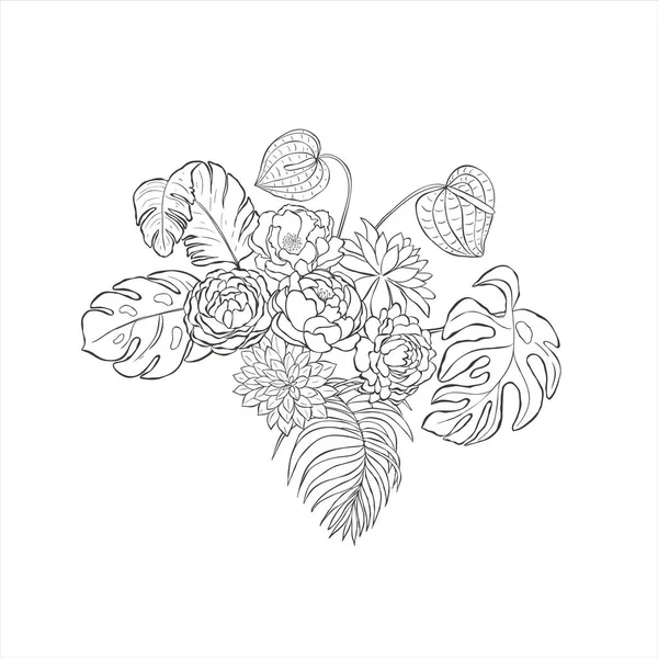 花や葉が白い背景に熱帯の花束 ベクトル — ストックベクタ
