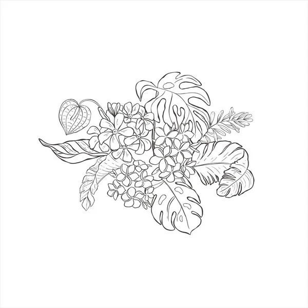 フランジパニの花や葉を持つ熱帯の花束. — ストックベクタ