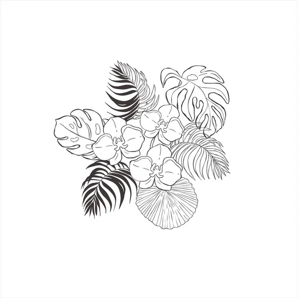 Orkide çiçekli ve yapraklı tropik bir buket..