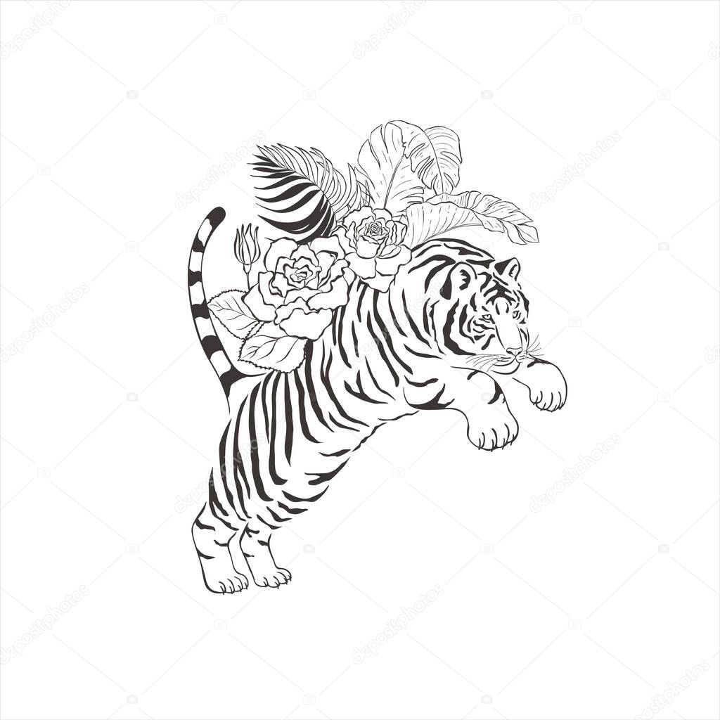 Tiger with flowers on white background. Vector Wild Animal. Safari.