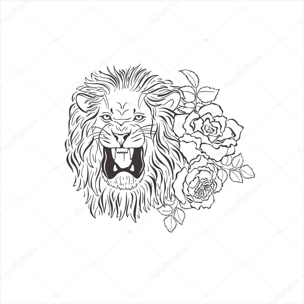 Lion with rose flowers on white background. Vector Wild Animal. Safari.