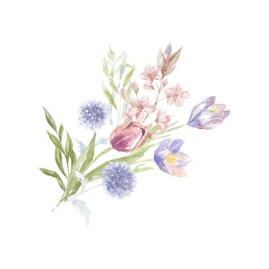 Beyaz arkaplanda bahar çiçekleri olan suluboya buket