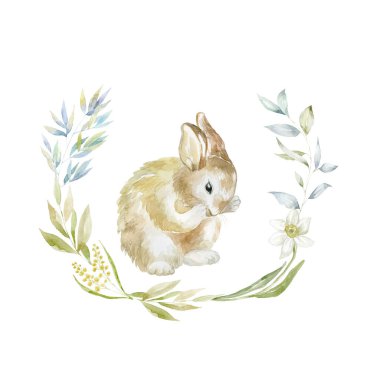 Suluboya tavşancık. Paskalya kartı. Çocuk odası için poster.