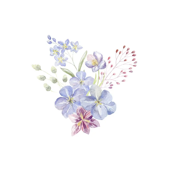 Buquê Aquarela Com Flores Azuis Fundo Branco — Fotografia de Stock