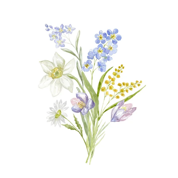 Beyaz Arkaplanda Bahar Çiçekleri Olan Suluboya Buket — Stok fotoğraf