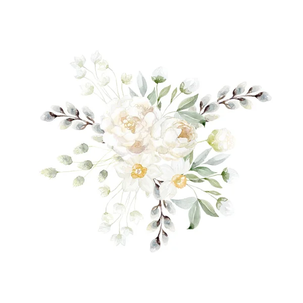 Watercolor Bouquet White Peony White Background — ストック写真