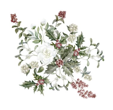 Holly ve Böğürtlenli suluboya kış buketi. Çiçekli Noel illüstrasyonu.