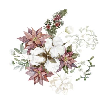 Poinsettia 'lı suluboya kış buketi. Çiçekli Noel illüstrasyonu.