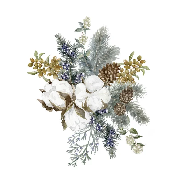 Watercolor Winter Bouquet with Cotton and Spruce. Floral Christmas illustration.