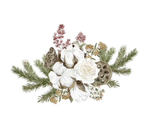 Watercolor Winter Bouquet with Cotton and Spruce. Floral Christmas illustration.