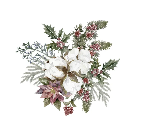 Watercolor Winter Bouquet with Cotton and Holly. Floral Christmas illustration.