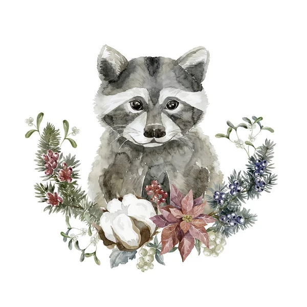 Raton Laveur Aquarelle Avec Fleurs Hiver Forêt Illustration Animale — Photo