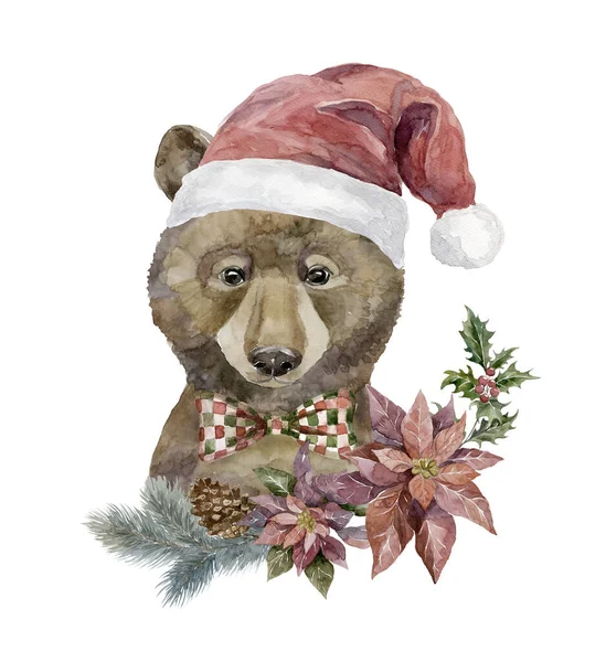 Oso Acuarela Con Santa Sombrero Florales Invierno Bosque Ilustración Animal — Foto de Stock