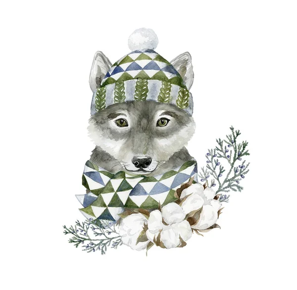 Loup Aquarelle Avec Chapeau Fleurs Forêt Illustration Animale — Photo