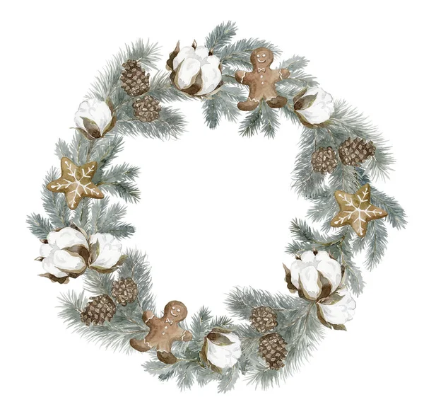 Watercolor Christmas Wreath with Cotton and Cockies on the White background.