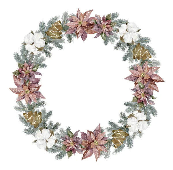 Watercolor Christmas Wreath Poinsettia White Background — Stok Foto