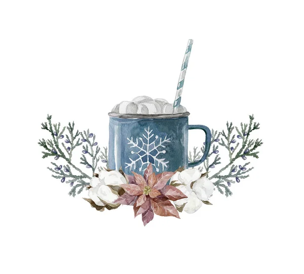 Akvarell Cup Med Kakao Och Marshmallow — Stockfoto