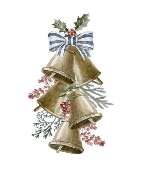 Akvarelové Vánoční Zvonky Holly Bobulemi — Stock fotografie