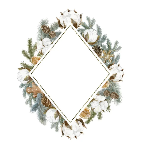 Watercolor Christmas Frame Spruce Cotton White Background — Stock Photo, Image