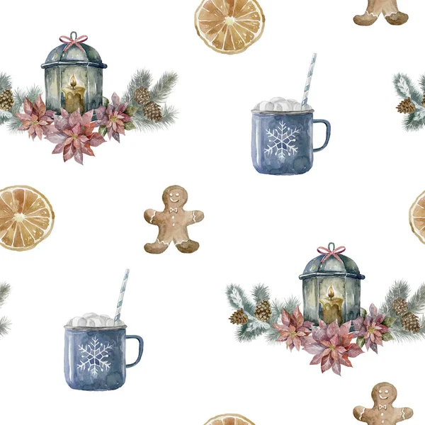 Watercolor Christmas Seamless Pattern Ornament Lantern — Stock Photo, Image