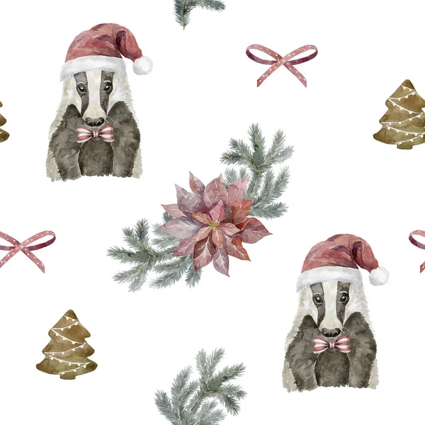 Watercolor Christmas Seamless Pattern Ornament Badger — Stock Photo, Image