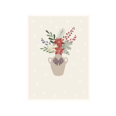 Vazolu ve çiçekli Noel kartı. Vektör İllüstrasyonu.